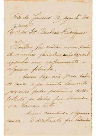 [Carta de Barbacena a João Barbosa Rodrigues, escrita do Rio de Janeiro em 15 de agosto de 1905]