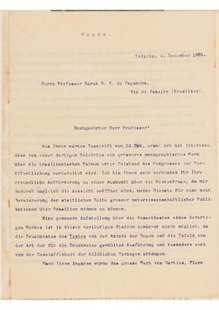 [Cópia datilografada de carta de F.A. Brockaus ao Barão de Capanema, escrita de Leipzig em 4 de dezembro de 1901]